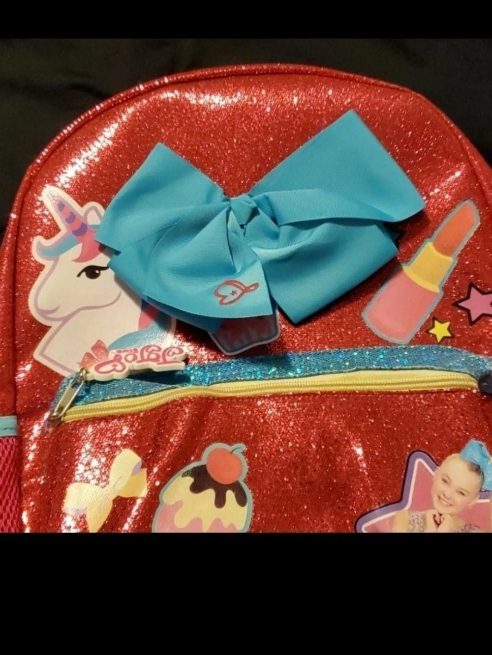 Kids Glitter Unicorn Backpack with Blue Bow - Red